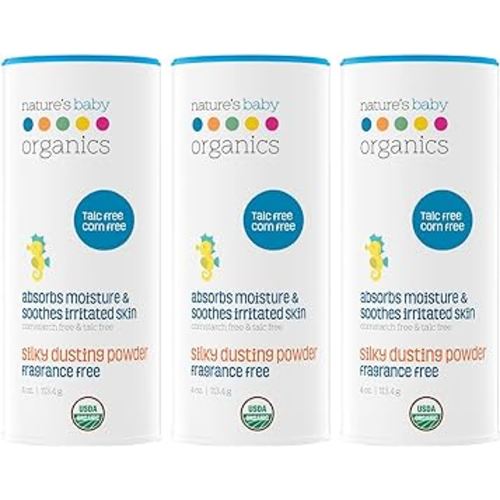 Nature's Baby Organics Baby Powder Talc Free Corn Free Diaper Dusting Powder with Aloe Soft Gentle 100% Organic Baby Powder Hypoallergenic Fragrance Free 4 oz, 3 Pack