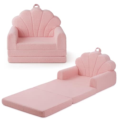 Blissful Diary Kids Couch, 2-in-1 Soft Toddler Couch Fold Out, Toddler Chair Comfy, Convertible Sofa to Lounger, Kids Furniture for Playroom, Gift for Birthday, Children's Day, Pink Shell