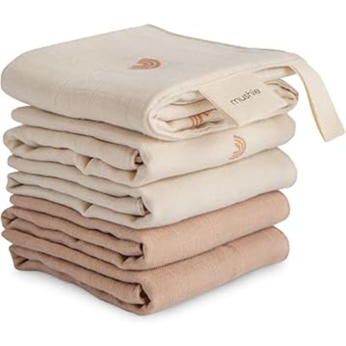 mushie Muslin Organic Cotton Washcloths 5-Pack (Rainbow Combo) | Soft Wipes for Baby Cleanups and Bathing