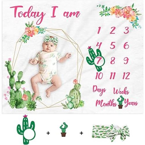 Cactus Baby Milestone Blanket Monthly Photography Blanket for Baby Girls Watercolor Design Newborn Blanket for Age Photo Props Soft Fleece Western Gift Idea Photography Backdrop