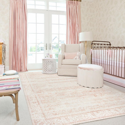 Bungalow Rose Nursery Rug For Baby Girl,Neutral Blush Pink Boho Cute Floral Foldable Machine Washable Soft Faux Wool Carpet Area Rugs For Living Room Bedroom Dorm Kids Playroom,5X7 | Wayfair