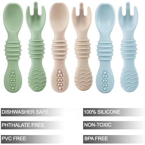 PandaEar 6 Pack Silicone Baby Spoons & Forks | Baby Feeding Set Self Feeding Utensils, Toddler Infant Feeding Spoon Forks BPA Free First Stage
