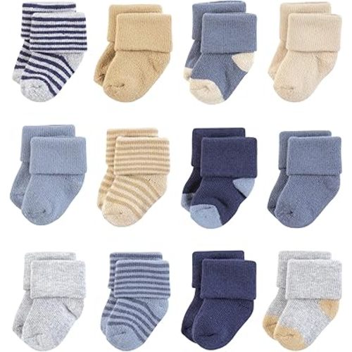 Hudson Baby Baby Infant Boy Cotton Rich Newborn and Terry Socks, Blue Brown Stripes, 0-6 Months