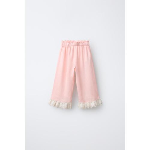 100% LINEN LACE TRIM PANTS - Pastel pink | ZARA United States