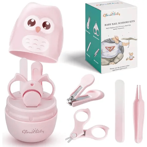 Baby Nail Kit, Baby Manicure Kit and Pedicure with Cute Owl Shape Case. Baby Nail Clipper, Scissor, Nail File & Tweezer for Newborn, Infant & Toddler, Mothers Day(Pink)