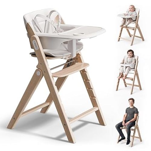 Mamazing GrowPod Pro Wooden Baby High Chair for 6 Months to 300lbs, Easy to Clean with Tray, Compact Foldable Highchair for Kitchen & Dining Room, with 5-Point Safety Harnesses and Guard Bar