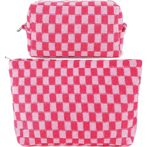 ZLFSRQ 2Pcs Makeup Bag Checkered Cosmetic Bag Set Travel Toiletry Bags for Purse Large Small Makeup Pouch for Women Cute Preppy Pencil Pouch Case Pink Zipper Skincare Bags
