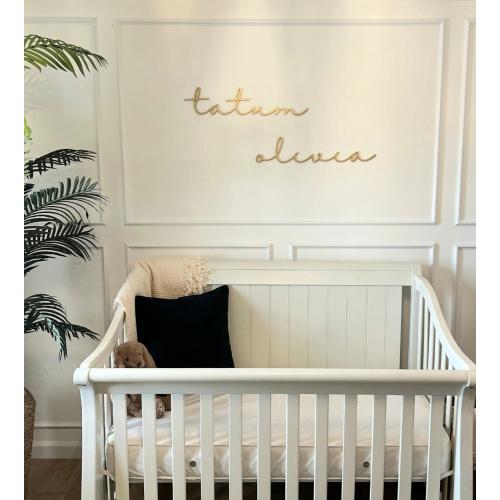 Wood script nursery baby room name laser cut sign cursive first and middle name signature font floating wall mounted crib change table decor