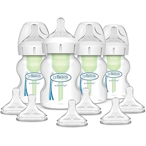 Dr. Brown’s Natural Flow® Anti-Colic Options+™ Wide-Neck Baby Bottle, 5 oz/150 mL, Level 1 Nipple, 4-Pack, 0m+ with 6-pack Level 2 Nipples