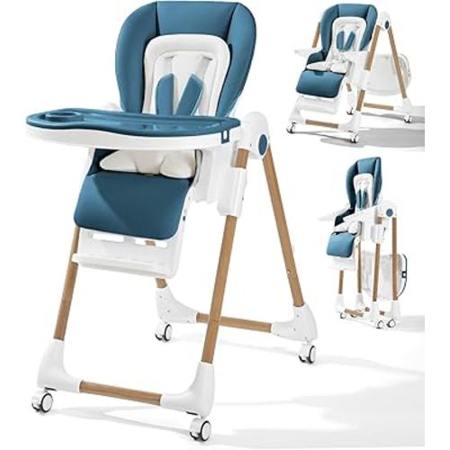 Mallify Foldable High Chairs for Babies and Toddlers, 3-in-1 Convertible Baby High Chair with Removable Soft Cushion and Tray, Adjustable Height & Recline, Lockable Wheels, Dark Blue