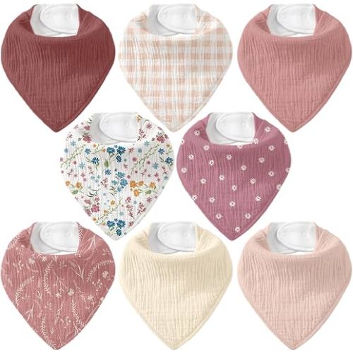 CIVARUA KIDS 8 Pack Muslin Baby Bandana Bibs for Drooling and Teething | Absorbent Cotton Drool Bib for Baby Boy Girl, Easy Adjustable Bibs for Newborn Infants Toddlers, 0-36 Months, Burgundy floral