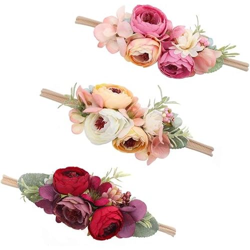 Baby Girl Floral Headbands- 3pcs Nylon Headband Handmade Flower Crown Elastic Hairband Newborn Toddler Hair Accessories Gifts for Girls (1-6 years old)