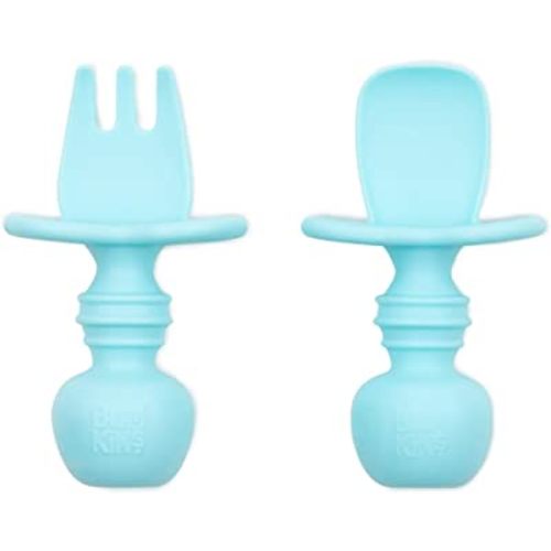 Bumkins Baby Utensils Set, Chewtensils Silicone Spoons for Dipping, Self-Feeding, Baby Led Weaning, Trainer Learning First Stage Eating, Soft Practice Fork and Spoon, Babies 6 Months, Blue