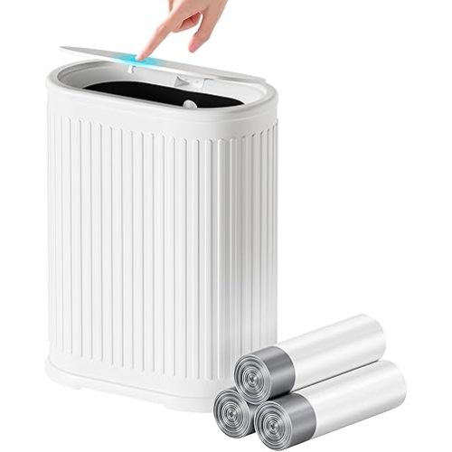 1.8 Gallon Bathroom Trash Can with Lid Press-Top, Small White Stainless Steel Garbage Can with Removable Inner Bucket, Slim Fit Narrow Spaces for Bedroom Office