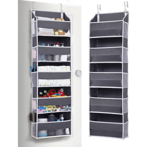 ULG 1 Pack Over Door Organizer with 5 Large Pockets 10 Mesh Side Pockets, 44 lbs Weight Capacity Hanging Storage Organizer with Clear Window Kids Toys, Shoes, Diapers, Dark Grey, 5 Layers