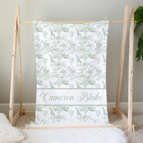 Personalized Safari Baby Blanket, Custom Baby Boy Blanket, Green Toile Baby Blanket, Safari Crib Bedding, Baby Boy Bedding, Baby Shower Gift
