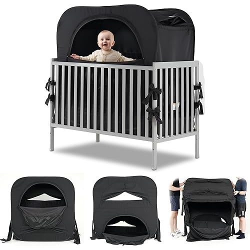 Poray Pop up Baby Blackout Tent Privacy Sleeping Crib Tent Cover for Toddler,Blocks 95% Light with Monitor and Fan Pouch Design with Zipper Doors,Breathable Mesh Windows,Portable Carry Bag