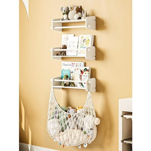 Nursery Floating Book Shelves for Wall: Wood Kid's Bookshelves with Plush Toy Storage Net for Organizer and Decor - Wall Mount Floating Hanging Book Shelf for Kids Room Storage Books & Toys (4-Pack)