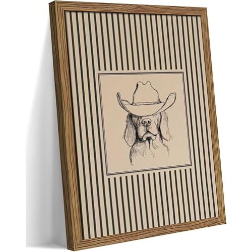 Western Cowboy Dog Wall Art - Framed Canvas Wall Decor for Living Room, Bedroom & Nursery, Vintage Animal Sketch in Wood Frame, Cute Dog with Hat Picture, Farmhouse Style 8x10 inch