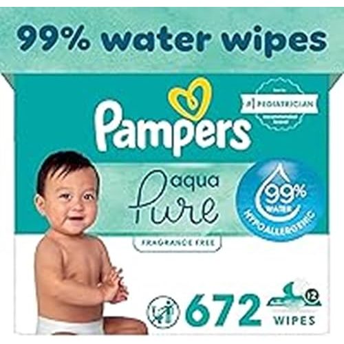 Pampers Aqua Pure Sensitive Baby Wipes, 99% Water, Hypoallergenic, Unscented Baby Wipes, 672 Baby Wipes Total (12 Flip-Top Packs)
