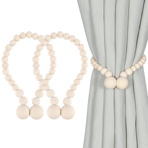 KLOGTSIND Magnetic Curtain Tiebacks, Curtain Holdbacks for Curtains 2 Pack, Wood Bead Curtain Holders for Boho Bedroom Decor, Baby Nursery Decor, Farmhouse Decor