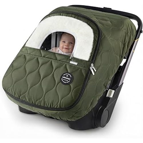 Winter Baby Car Seat Cover, Waterproof, Windproof Warm Winter Car Seat Cover for Doona Car Seats and Strollers,Fleece Breathable Car Seat Cover Baby with Full Zipper, Green