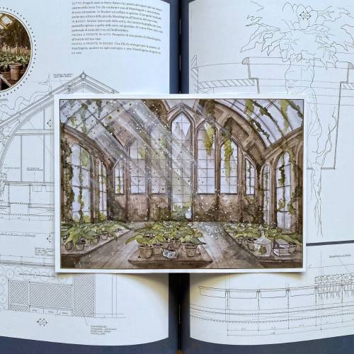 Wizard Magic World Print A5 Postcard - Greenhouse, Aesthetic Herbology Classroom with mandrakes and magic castle with gold inserts