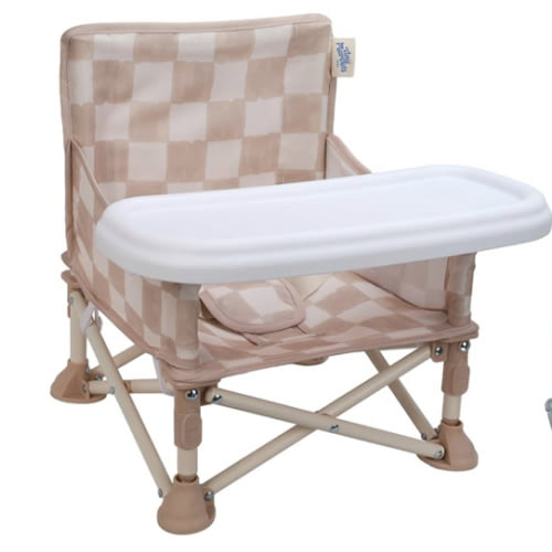 Portable 3-in-1 Baby Booster Seat, Cozy Floor Seat, Feeding Seat with Tray, Compact Foldable Toddler Booster with Child Safety Belt Carry Bag, Perfect for Travel (Sand Checker)
