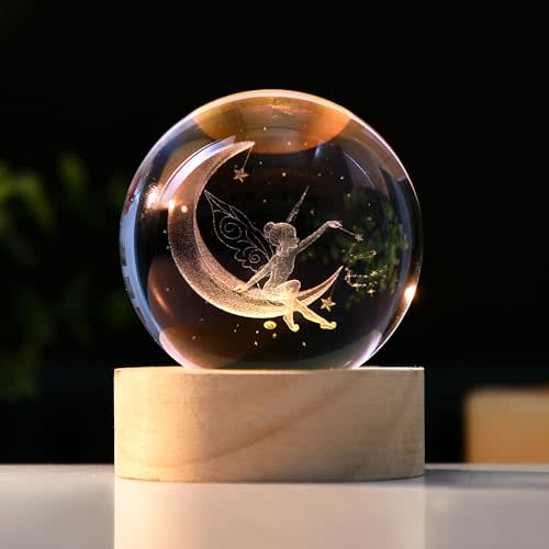 IFOLAINA Moon Fairy Crystal Ball 3D Laser Engraved Fairy Glass Ball Fairy Night Light Decorative Globes 3D Crystal Moon Sphere Fairy Gifts for Girl Her Fairy Lover