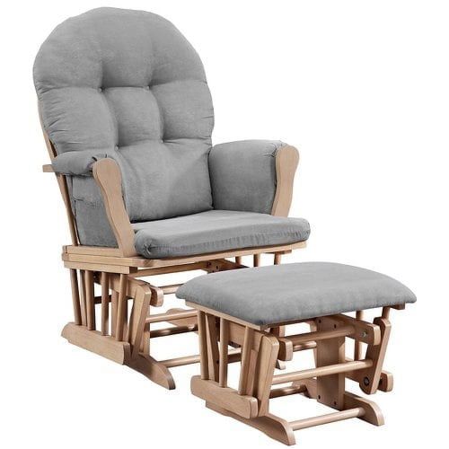 Angel Line Windsor Glider and Ottoman for Nursery, Natural Finish with Gray Cushions, Baby Nursing