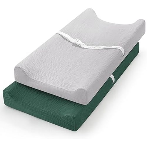Pro Goleem Muslin Changing Pad Cover for Boys and Girls, Soft Breathable Fitted Cotton Diaper Changing Table Pad Sheets, Neutral, 2 Pack (Grey&Green)
