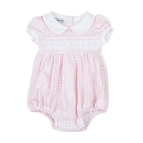 Mini Checks Smocked Short Sleeve Bubble - Pink