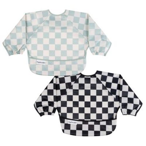 Tiny Twinkle Mess-Proof/Waterproof 2-Pack Long-Sleeve Baby Bib, Machine Washable Smock for Eating (Black/Sage Checkers, Small 6-24 Months)