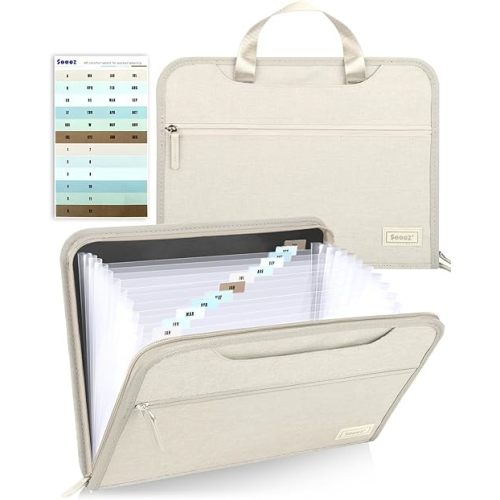 Sooez Heavy Duty Accordion File Organizer with Hidden Handle, Portable 12 Pockets Expanding File Folders, Cloth Monthly Bills Receipt Organizer for Letter/A4, School Classroom Home & Office Supplies