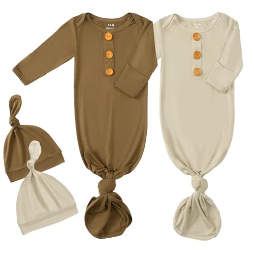 OPAWO Knotted Gown Baby Newborn Sleepers Baby Boy Coming Home Outfit, Bamboo Viscose Baby Gowns with Mitten Cuffs and Hat Set