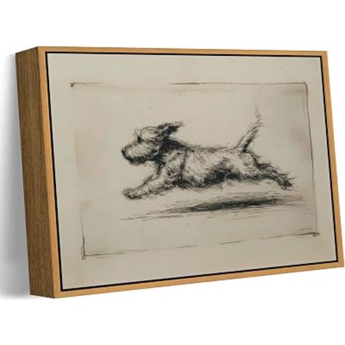 Floating Framed Vintage Running Dog Canvas Wall Art, Antique Terrier Sketch Painting Picture Wall Decor, Retro Minimalist Puppy Poster Print Artwork for Living Room Home Decoration 8x10in