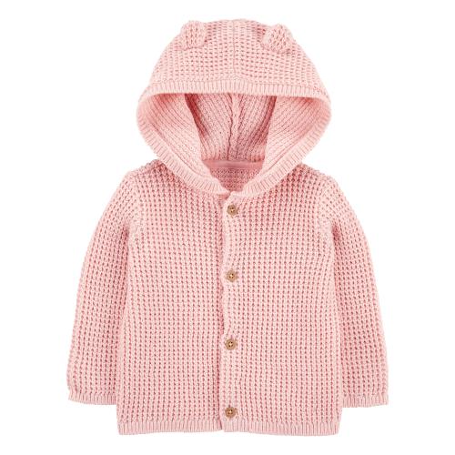 Baby Hooded Waffle Knit Cardigan - Pink