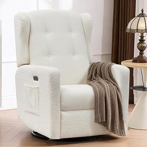 Swivel Rocker Power Recliner Chair for Nursery, 270° Swivel Glider Recliner with USB & Type-C Charging, Electric Reclining Chair with Storage Pockets, Upholstered Recliner for Living Room(Teddy Beige)