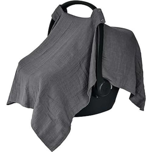 Huxie Denmark - Muslin Baby Car Seat Cover for Boys and Girls – 100% Organic Cotton Car Seat Canopy with Perfect Fit for Baby Carrier - 43 x 31 (Soft Grey)