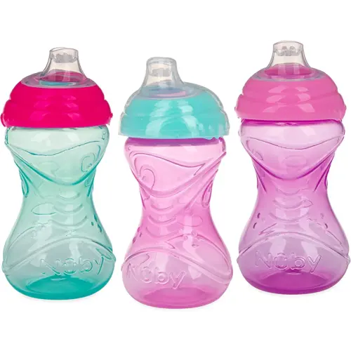 Nuby Clik-It Soft Spout No-Spill Easy Grip Sippy Cup for Girls - (3-Pack) 10 Oz - 6+ Months