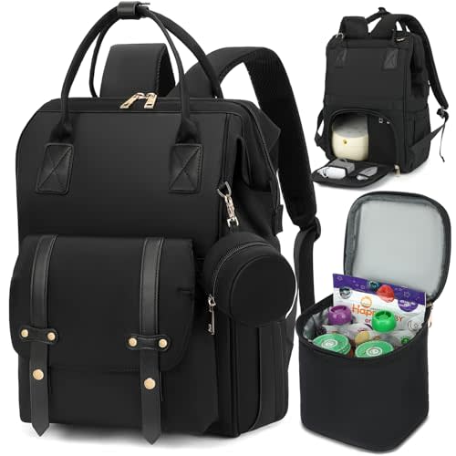 ROSEGIN Breast Pump Bag Backpack with Cooler, Pumping Bags for Work Mom, Baby Diaper Bag with Pacifier Case, Trolley Sleeve for Travel, Baby Shower Gifts for Girl Boy, Black