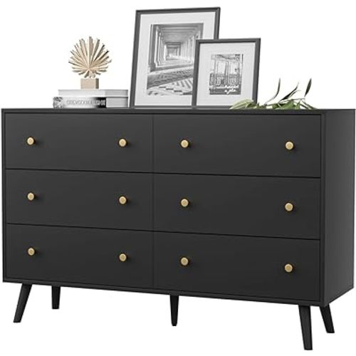Black Dresser for Bedroom, Modern 6 Drawer Dresser, Wide Chest of Drawers with Gold Handles, Wood Double Dresser Storage Cabinet for Living Room, Bedroom, Hallway