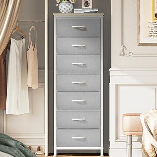 Huuger Tall Dresser for Bedroom, 7 Drawer Dresser & Chests of Drawers, Fabric Drawer for Closet, Bedroom, Night Stand, Metal Frame, Storage Tower with Fabric Bins, Grey