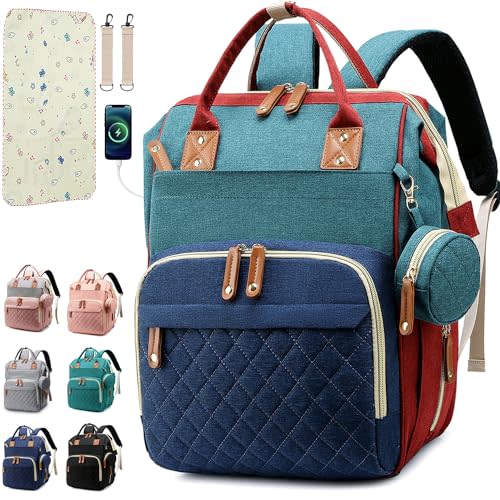 SHITIESHOU Diaper Bag Backpack Baby Bag, Baby Girl Boy Diaper Bag for Dad Mom with Pad, 16 Pockets, Pacifier Case, Large Diaper Bags Unisex for Travel (Colorful)