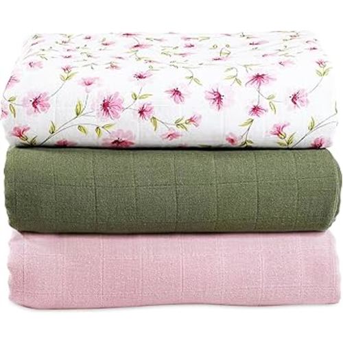MOZAH Swaddle Blanket – 3-Pack Adjustable Sleep Sack for Newborns, Small 0-3 Months, Pink, Olive, Pink Leaves