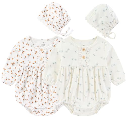 Ruliby Baby Girl Clothes Cotton Bubble Romper Floral Bodysuits Infant Outfit Set