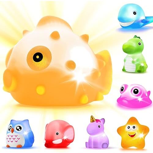 Bath Toys, 8 Pcs Light Up Floating Rubber Animal Toys Set, Flashing Color Changing Light in Water, Baby Infants Kids Toddler Child Preschool Bathtub Bathroom Shower Games Swimming Pool Party