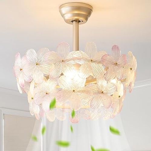 20" Pink Crystal Fandelier Ceiling Fans with Lights, Pink Flower Chandelier Ceiling Fan with Light Remote Control, Morden Caged with 6 Speeds for Bedroom, Nursery, Living Room