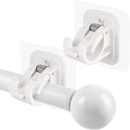 2PCS No Drill Curtain Rod Brackets No Drilling Self Adhesive Curtain Rod Holder Hooks Nail Free Adjustable Curtain Rod Hooks Curtain Hangers for Bathroom Kitchen Home Bathroom and Hotel (White)