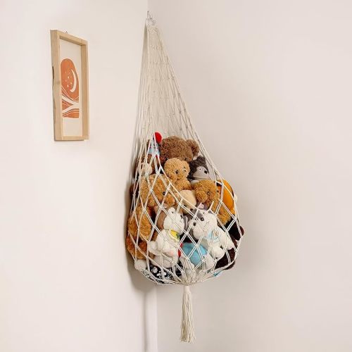 Amdermi Stuffed Animal Storage Organizers Corner Hanging Ne 60" L Stuffy Animal Hammock Macrame Toy Display Plush Toy Holder Wall, Kid Bedroom Decor Boho Nursery Playroom Organizer 60" L (Cream)